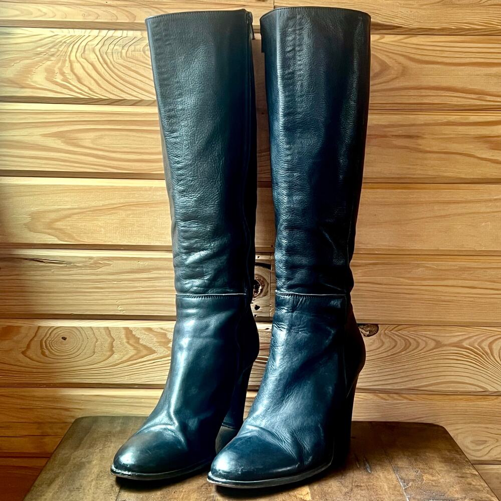 J.Crew Leather Knee High Boots 8.5 Black Heeled Made Italy Slim Calf Vero Cuoio